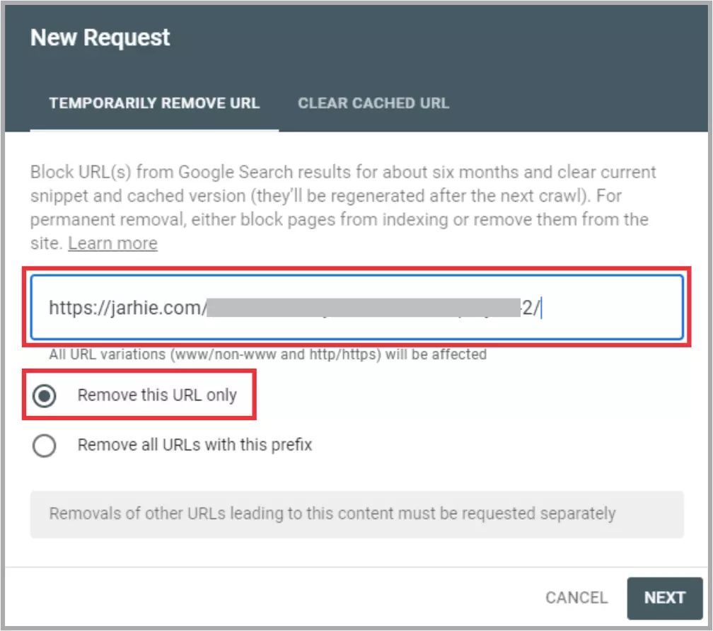 new request url removal in google search console